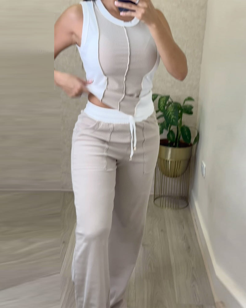 Women's Contrast Color Patchwork Ribbed Casual Sleeveless Two Piece Pants Set 4