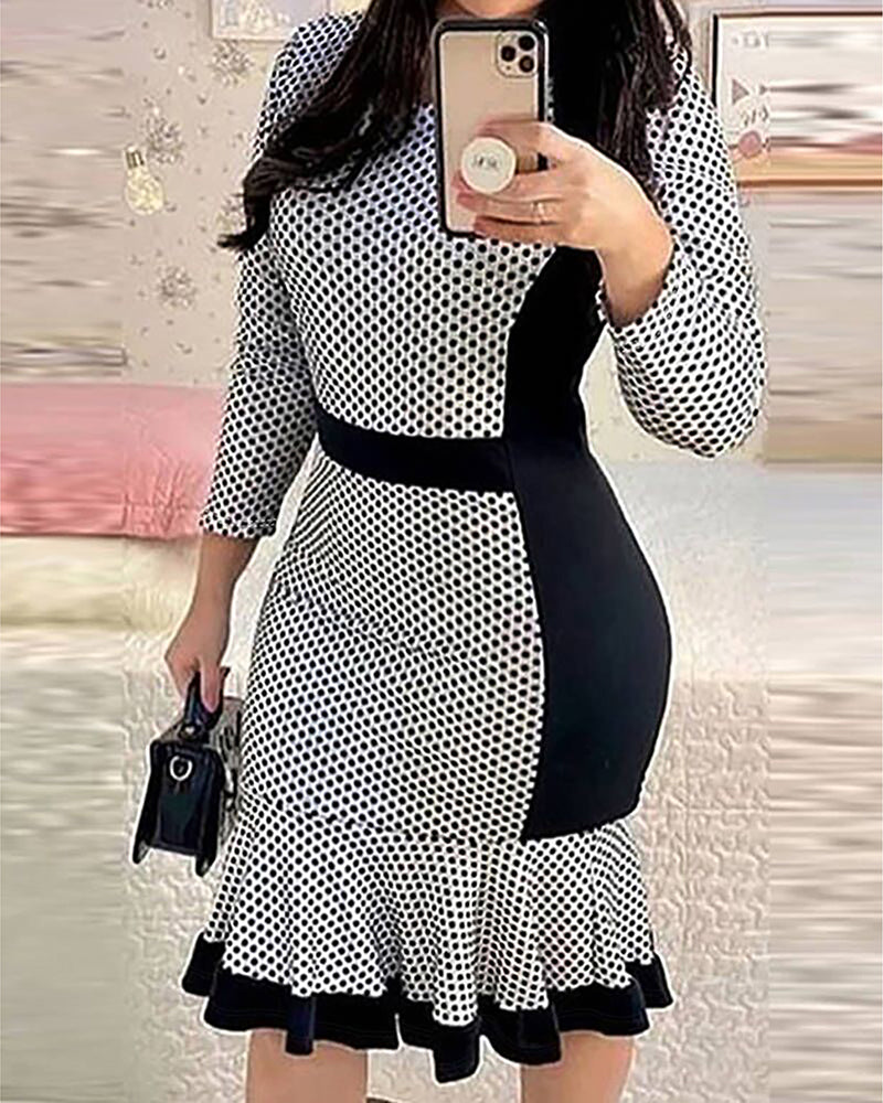 Women Polka Dot Print Contrast Color Ruffle Dress 4