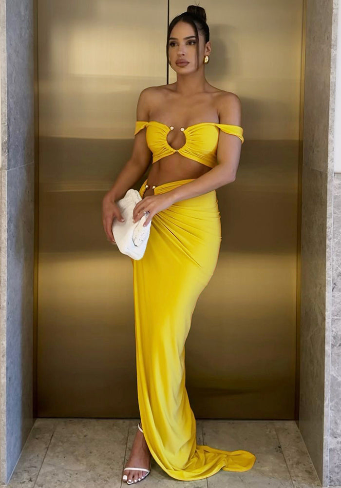 Women's Spring Sexy Strap Croo Top Slim Pleated Slit Skirt Two Piece Set