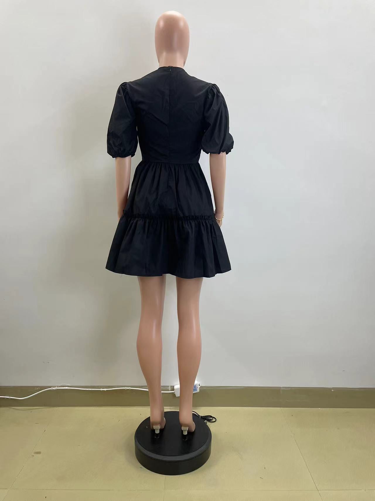 Women's Summer V-Neck Puff Sleeve Slim High Waist A-Line Dress 8