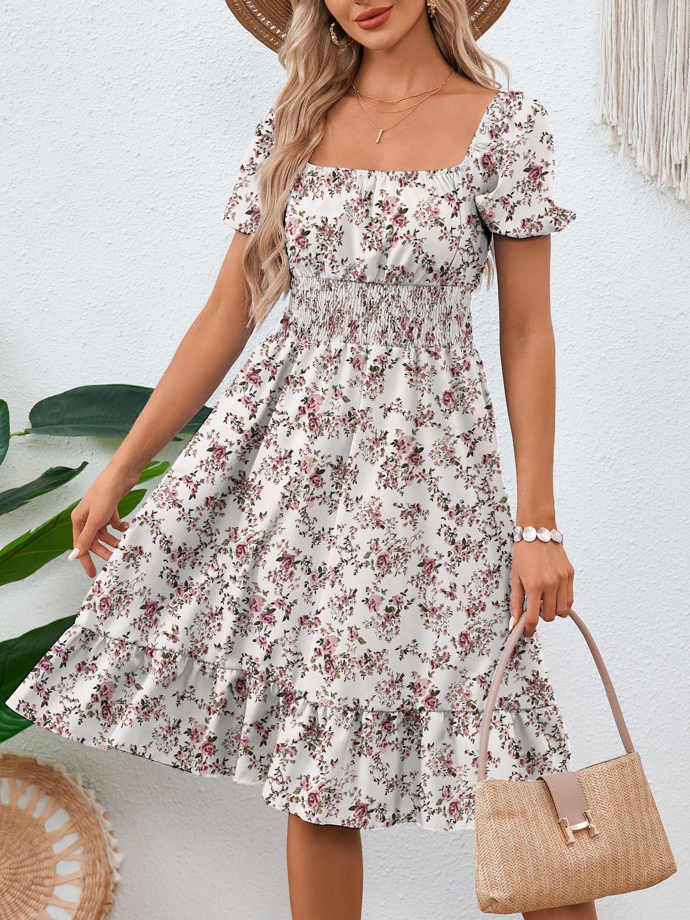 Summer solid color square neck Ruffled A-line dress for women 8