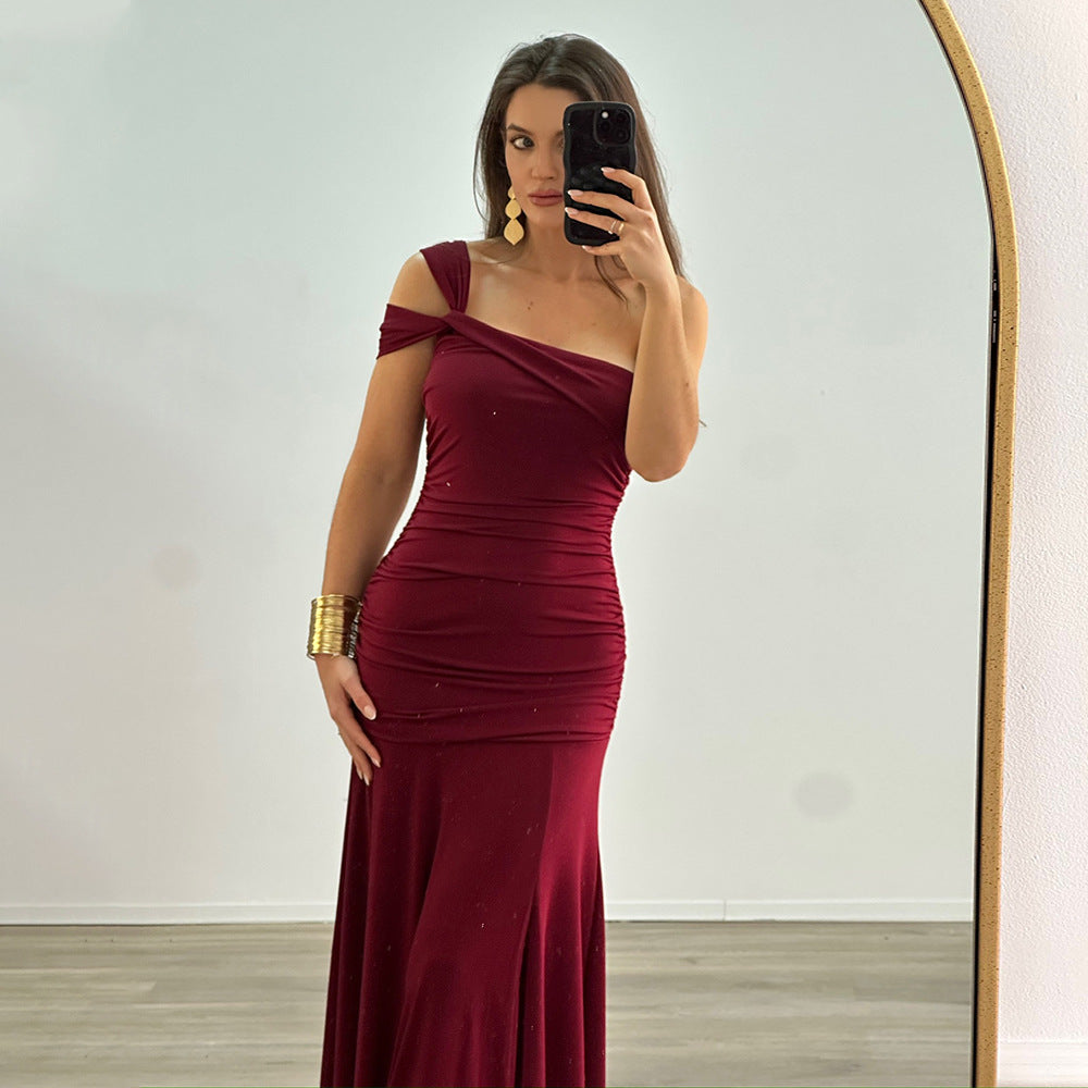 Summer Trendy Sexy Slash-Shoulder Slit Solid Color Ruched Sleeveless Maxi Dress 11