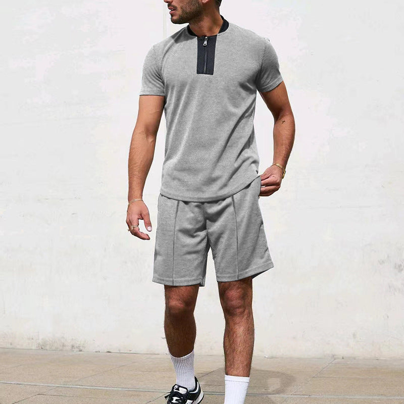 Men Casual Zip Short Sleeve Shorts Athletic Two-Piece Set 5