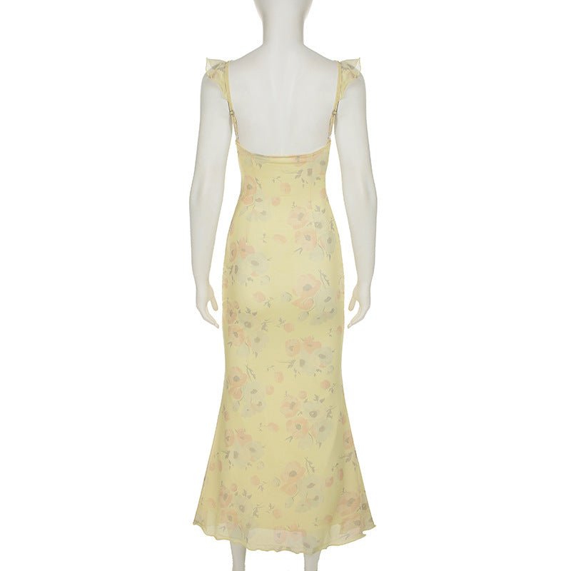 Chic Holidays Floral Strap Ruffle Sexy Flying Sleeve Long Dress 10