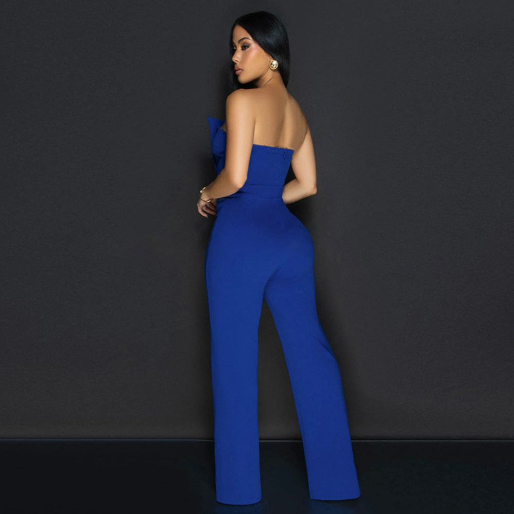 Solid Color Strapless Irregular Loose Wide-Leg Jumpsuit 5