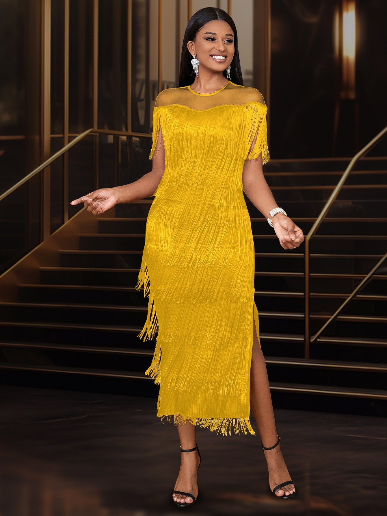 Women Mesh Patchwork tassel Round Neck sexy evening bodycon dresses 7