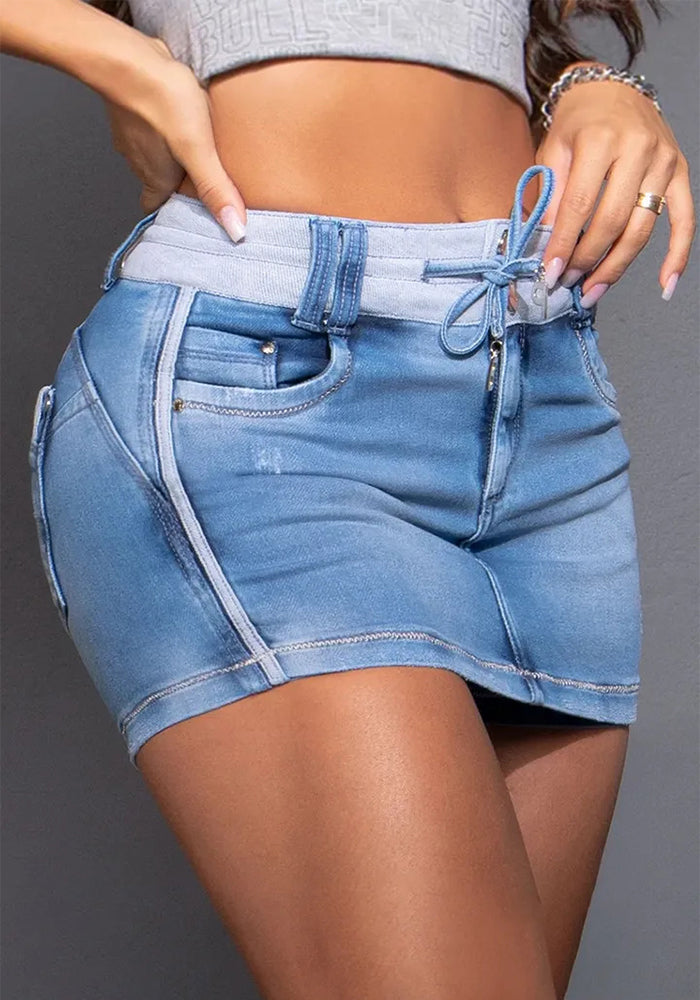 Short Contrast Color Drawstring Women's Bodycon Denim Short Skirt