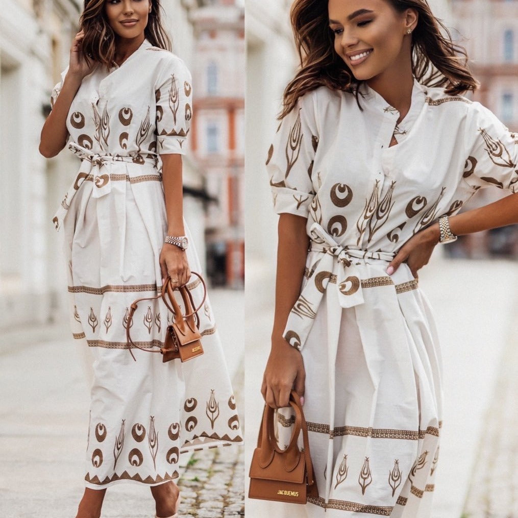 Women Printed Button Belt Shirt Dress 7