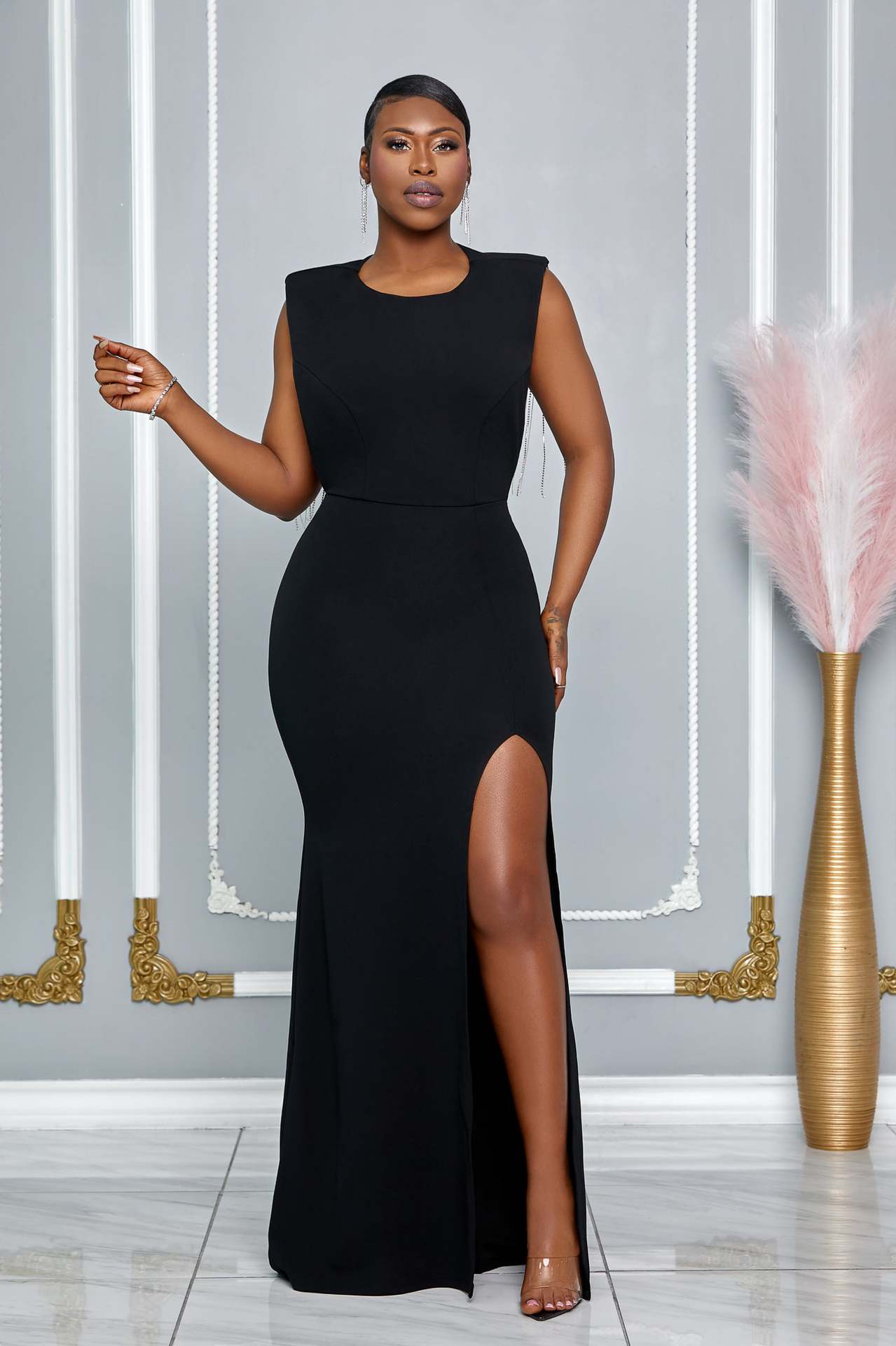 Round Neck Back Hollow Diamond Tassels Evening Dress