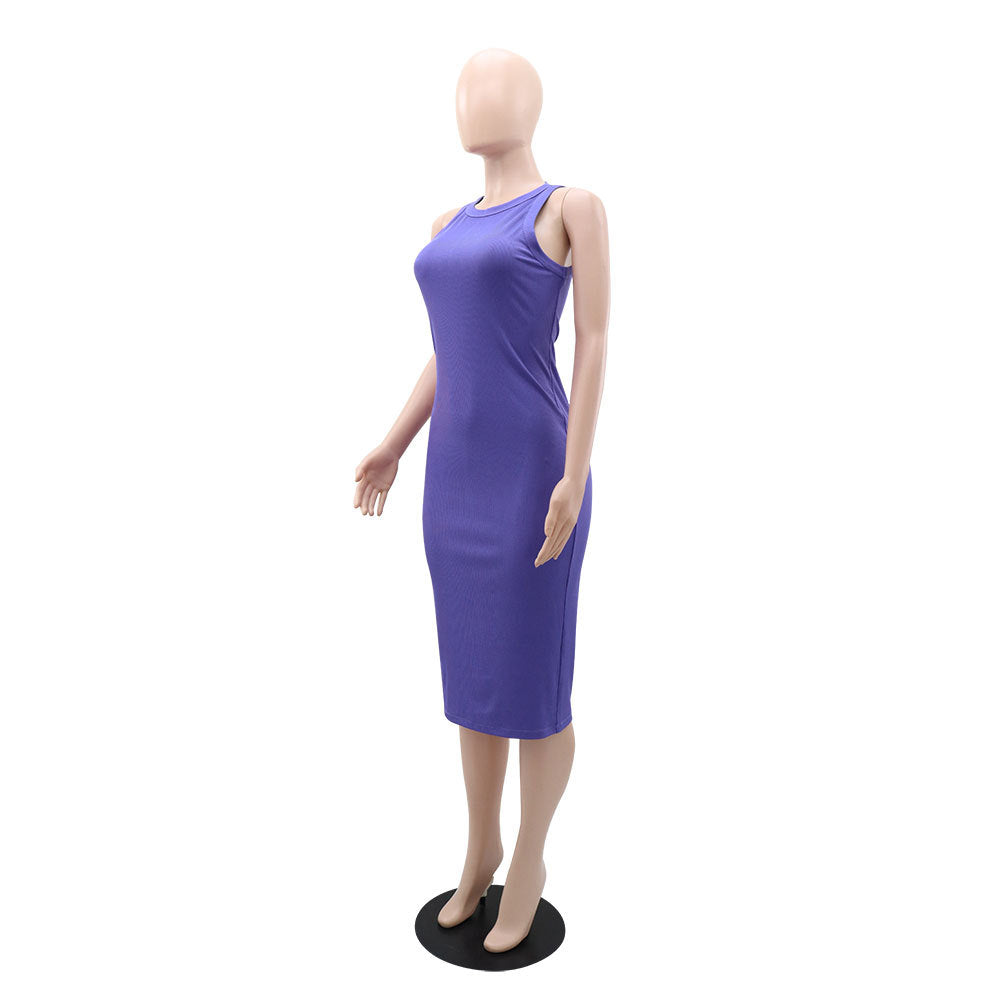 Women's Tight Fitting Dress Round Neck Sleeveless Midi Sexy Slim Bodycon Dress 4