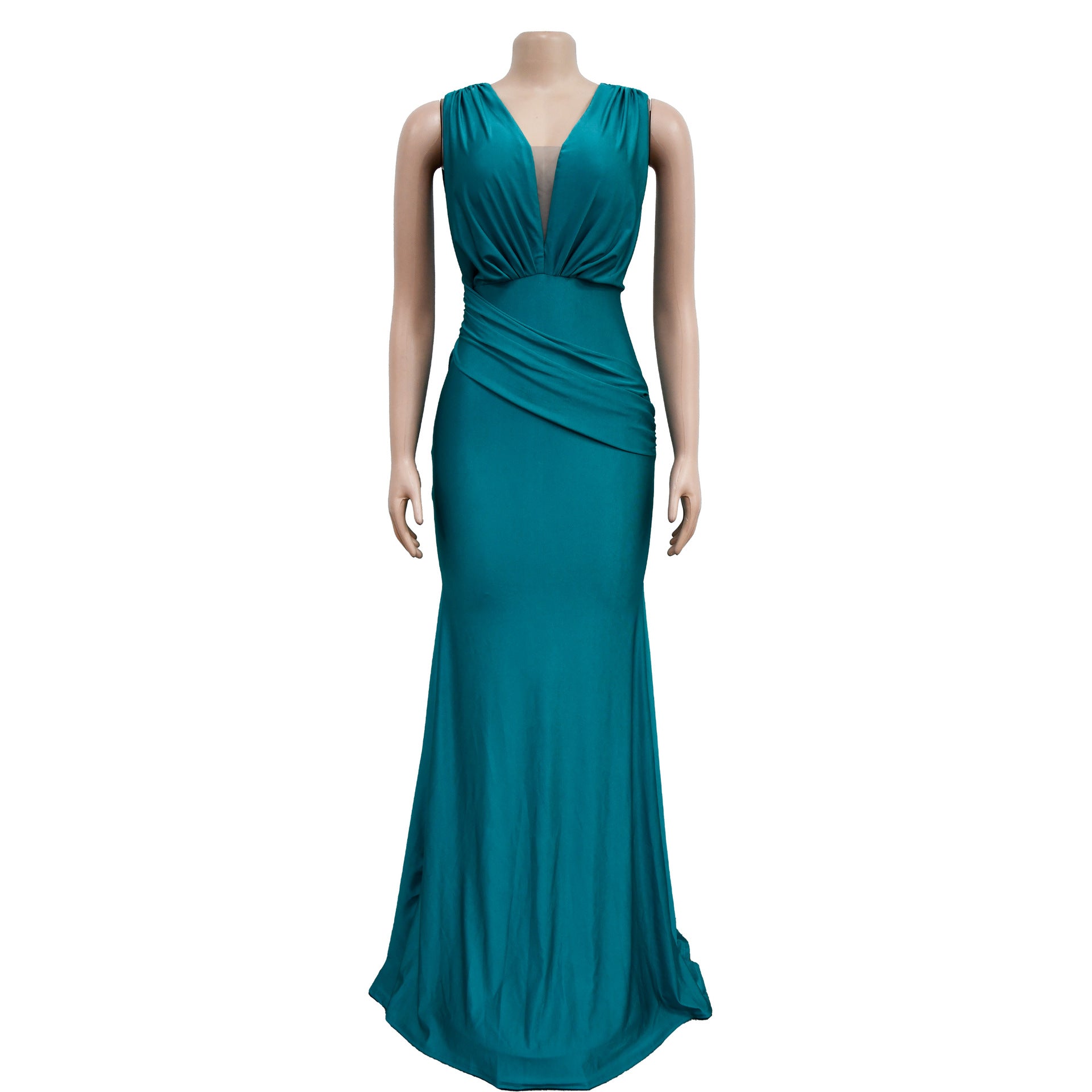 Women Solid V-Neck Sleeveless Pleated Maxi Dress 46