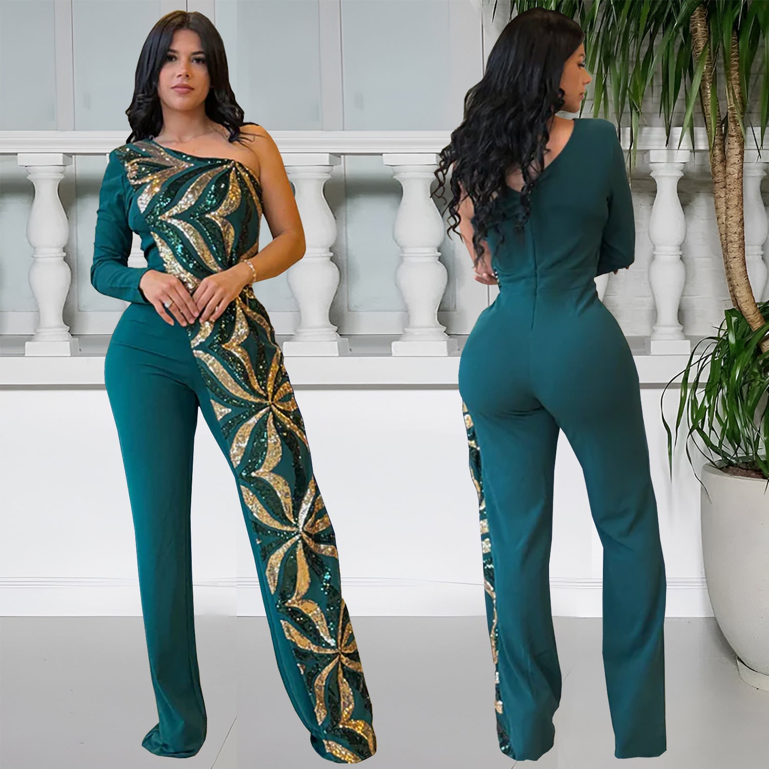 Women One Shoulder Sequin Jumpsuit