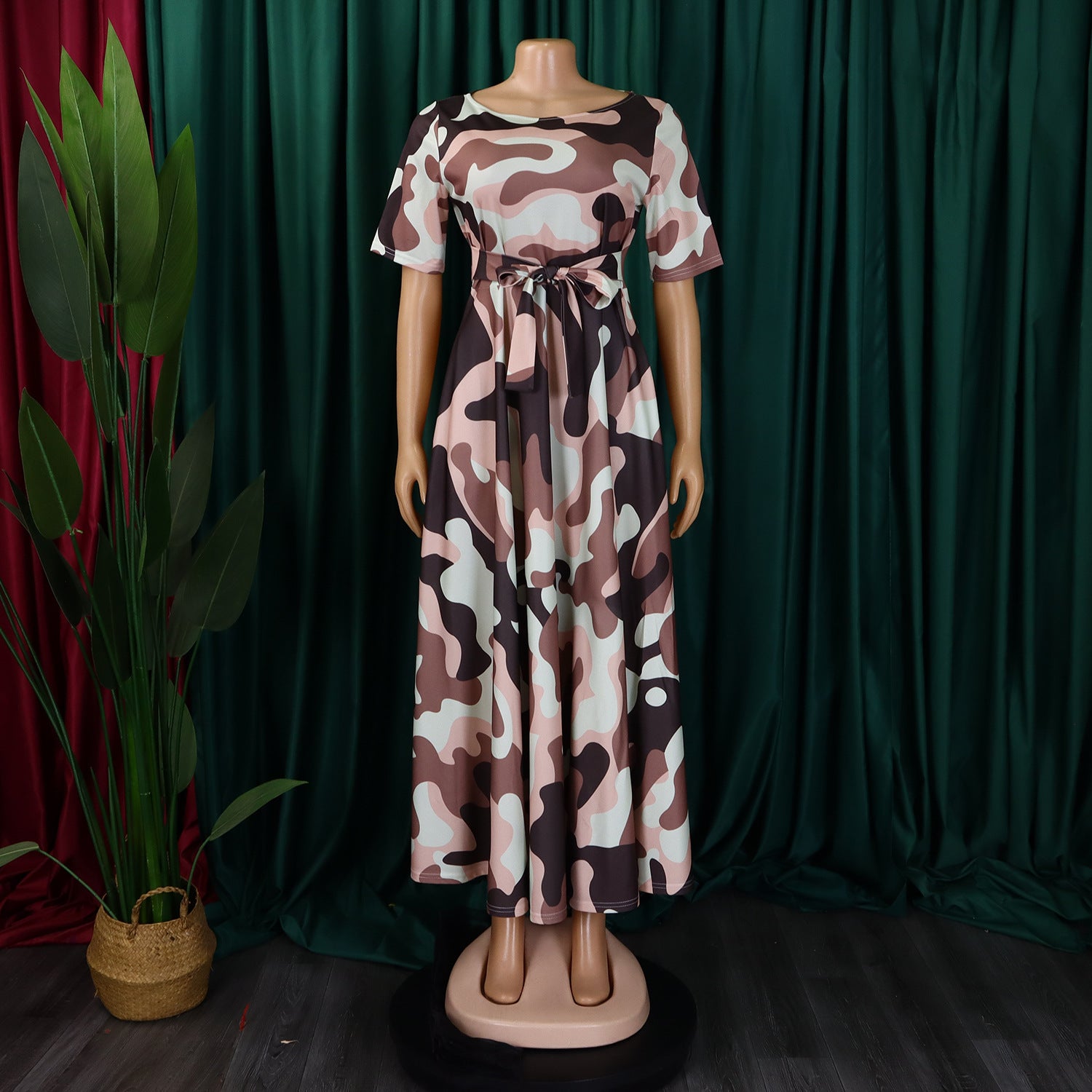 Women's Fashion Chic Tie-Waist African Plus Size Short Sleeve A-Line Dress 31