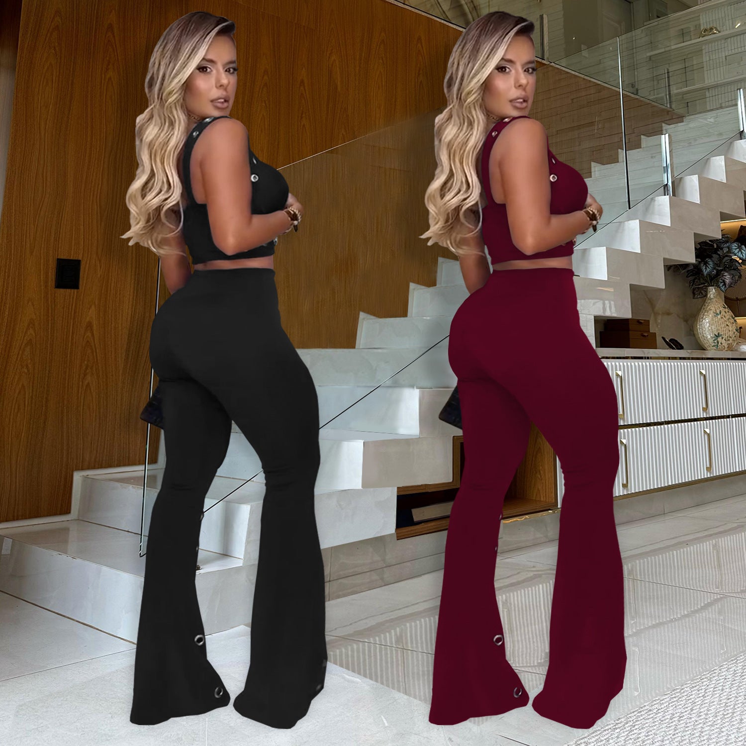 Women Sexy Top and Wide-Leg Pants Two-Piece Set
