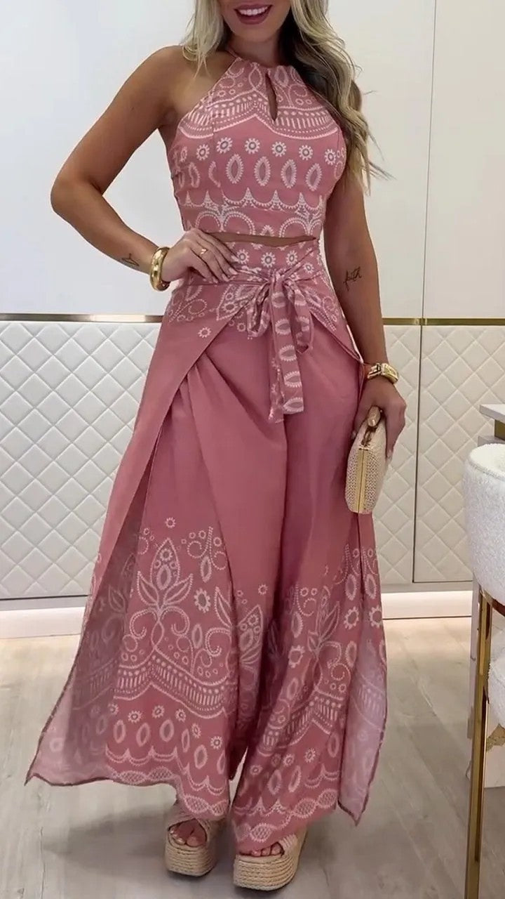 Spring/Summer Retro Ethnic Style Halter Neck Top Wide-Leg Pants Two Piece Set 16