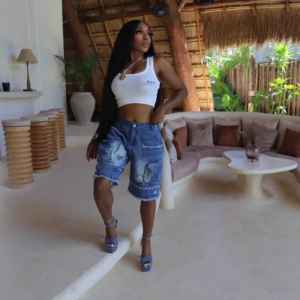 Women's Fashion Loose Casual Zipper Pocket Denim Shorts 4