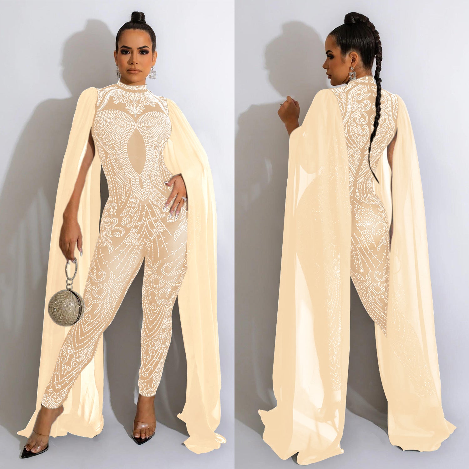 Women Beaded Mesh See-Through Slit Sleeve Jumpsuit 5