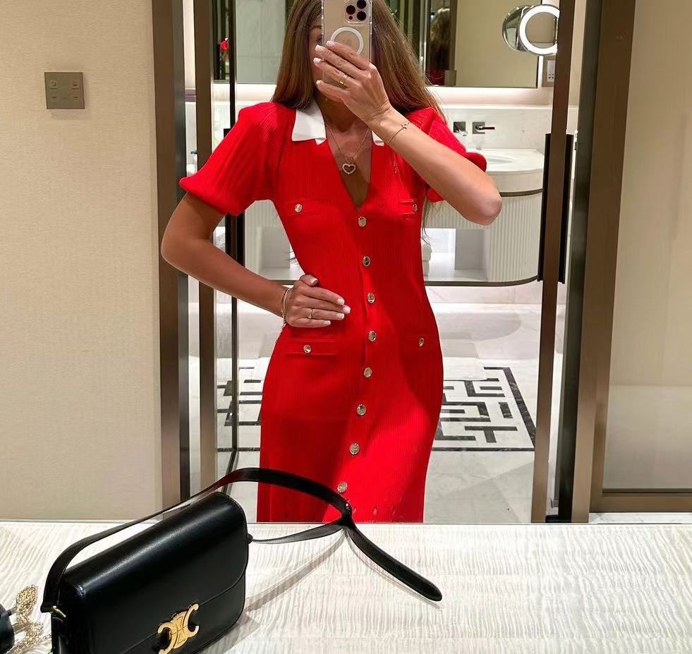 Women French Elegance Turndown Collar Contrast Hollow Short Sleeve Knitting Dress 6