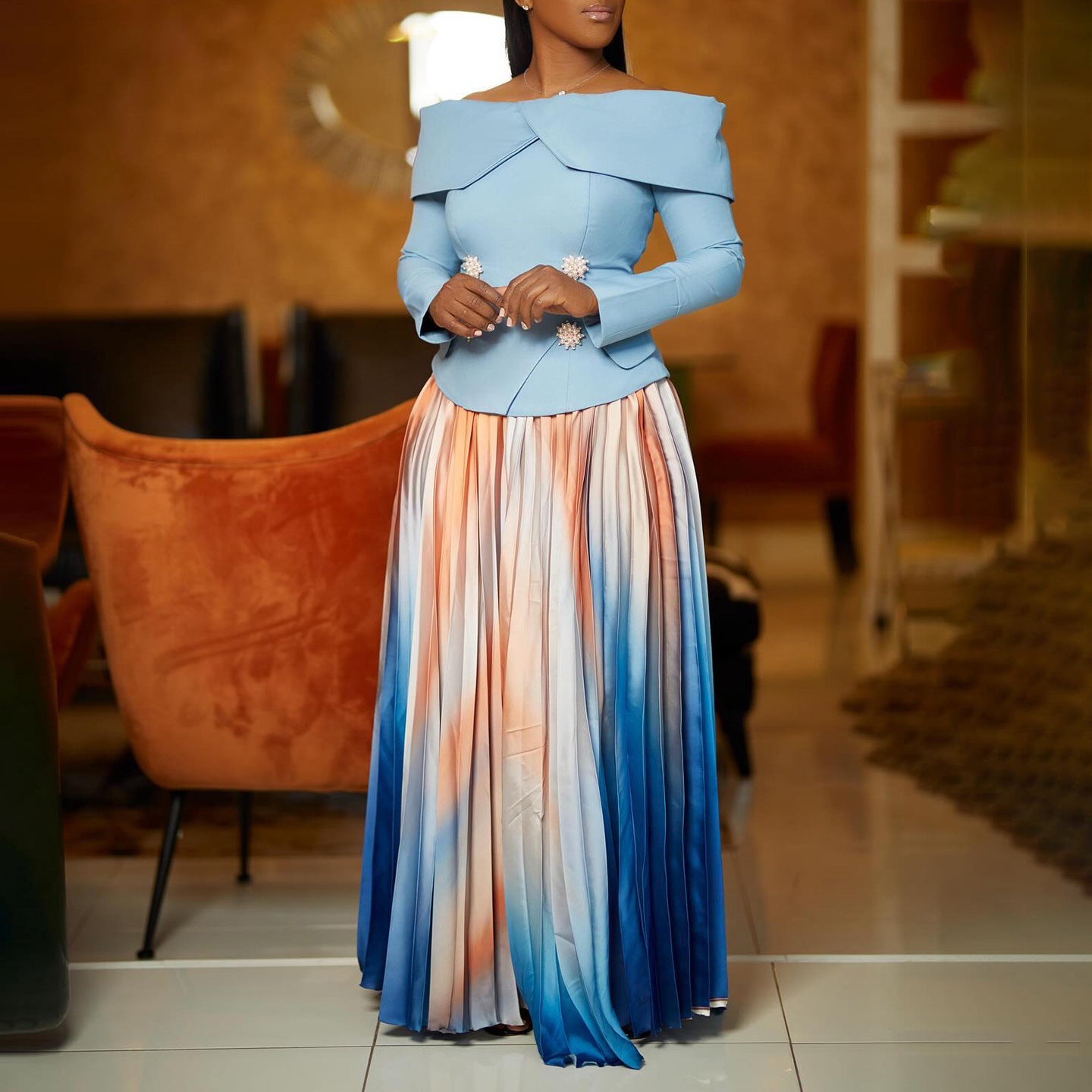 Women Elegant Off Shoulder Top and Print Long Skirt Two-Piece Set 3