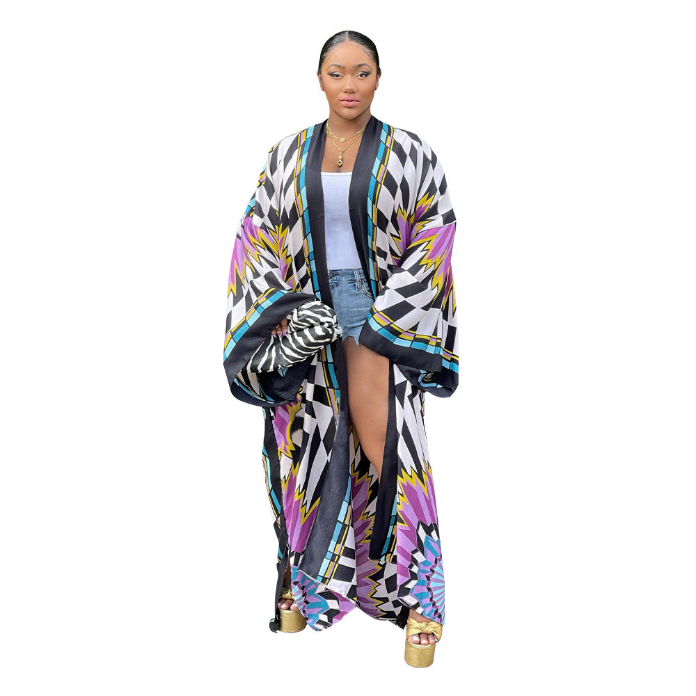 Women Printed Loose Casual Kimono Long Sleeve Robe 4
