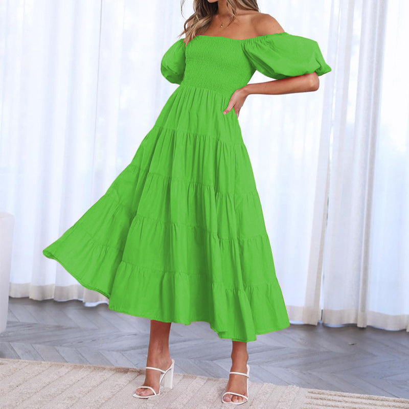 Summer Women's Fashion Loose Off Shoulder Puff Sleeve A-Line Midi Dress 11