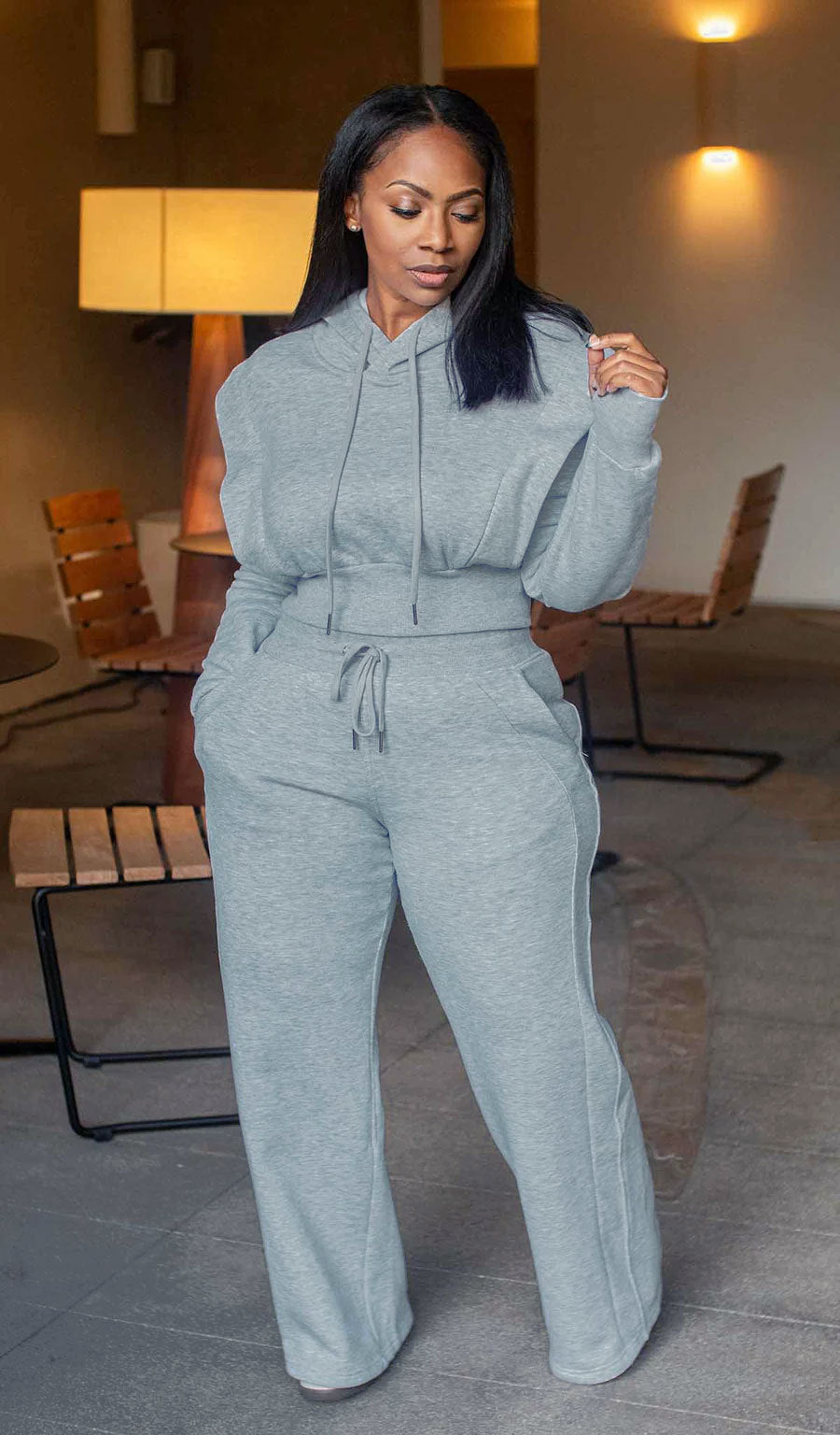 Solid Color Hooded Hoodies Wide Leg Pants Two-Piece Set