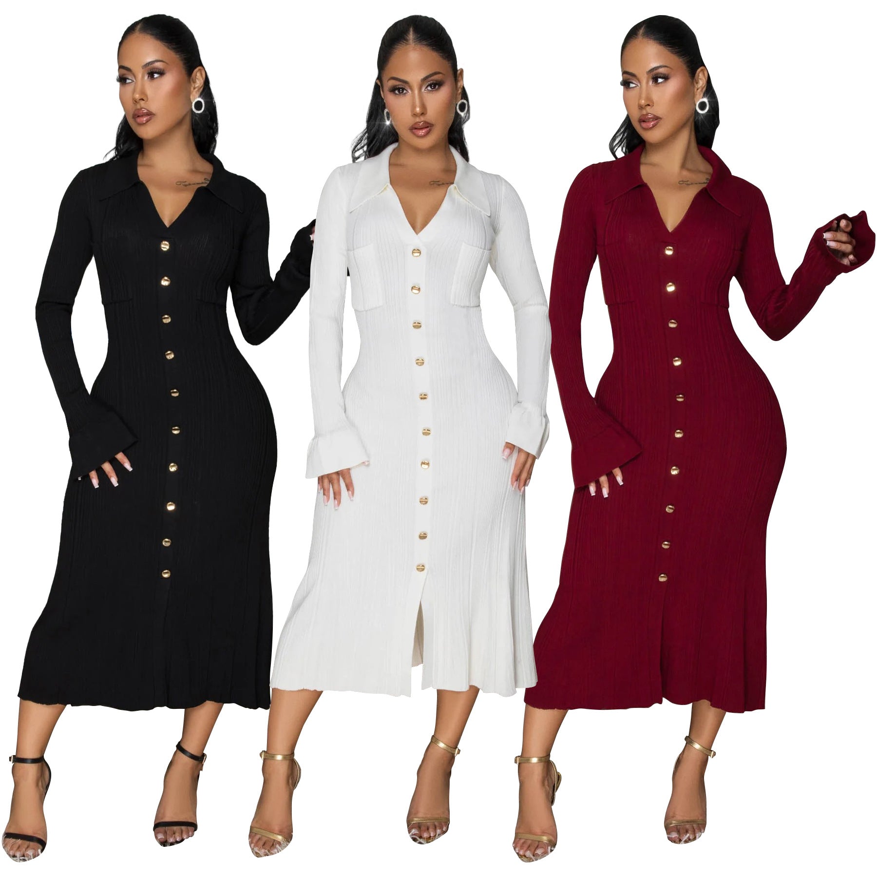 Women's Fashion V-Neck Single Row Buttons Long Sleeve Solid Long Dress 5