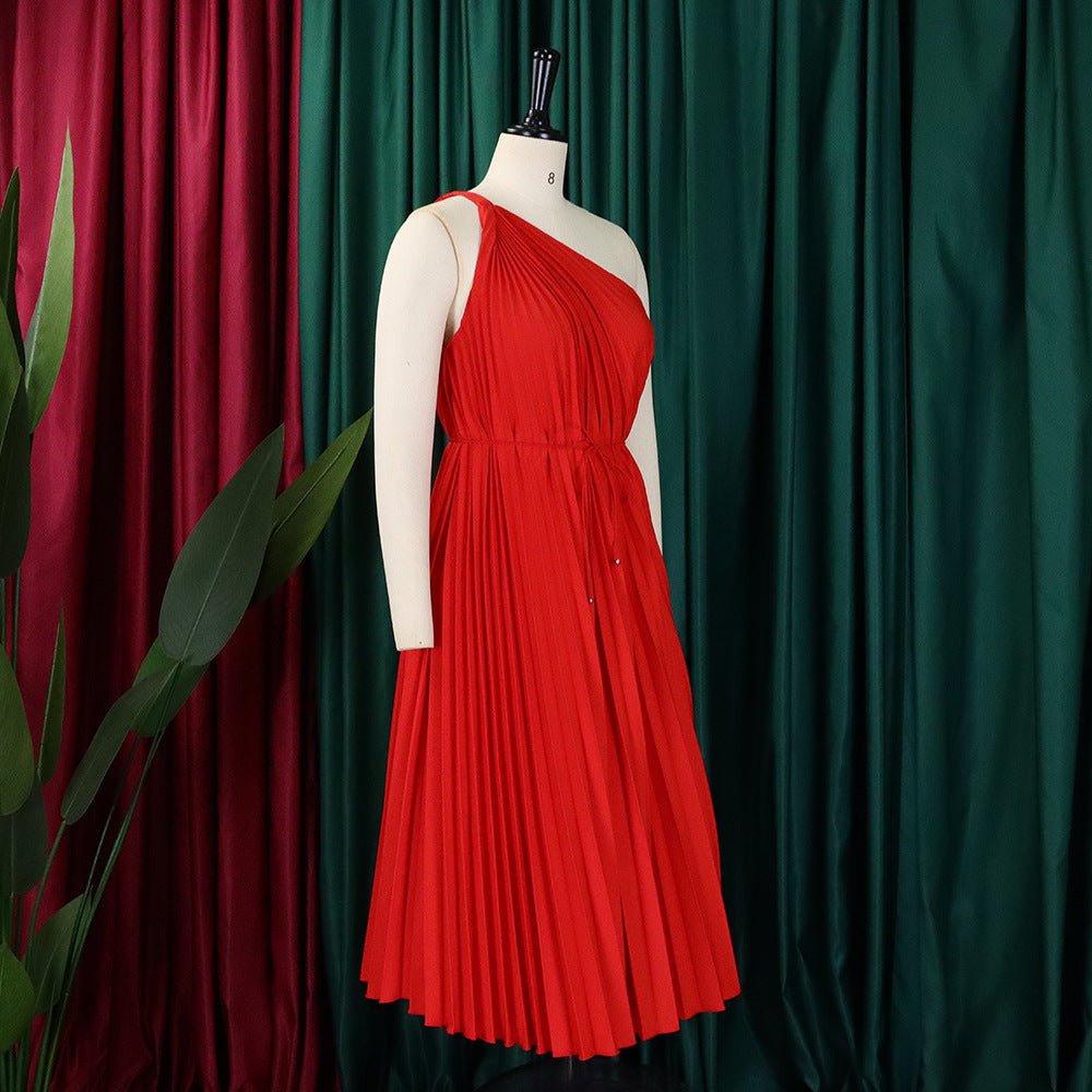 Women Summer Solid Slash Shoulder Lace-Up Loose Pleated Dress 32