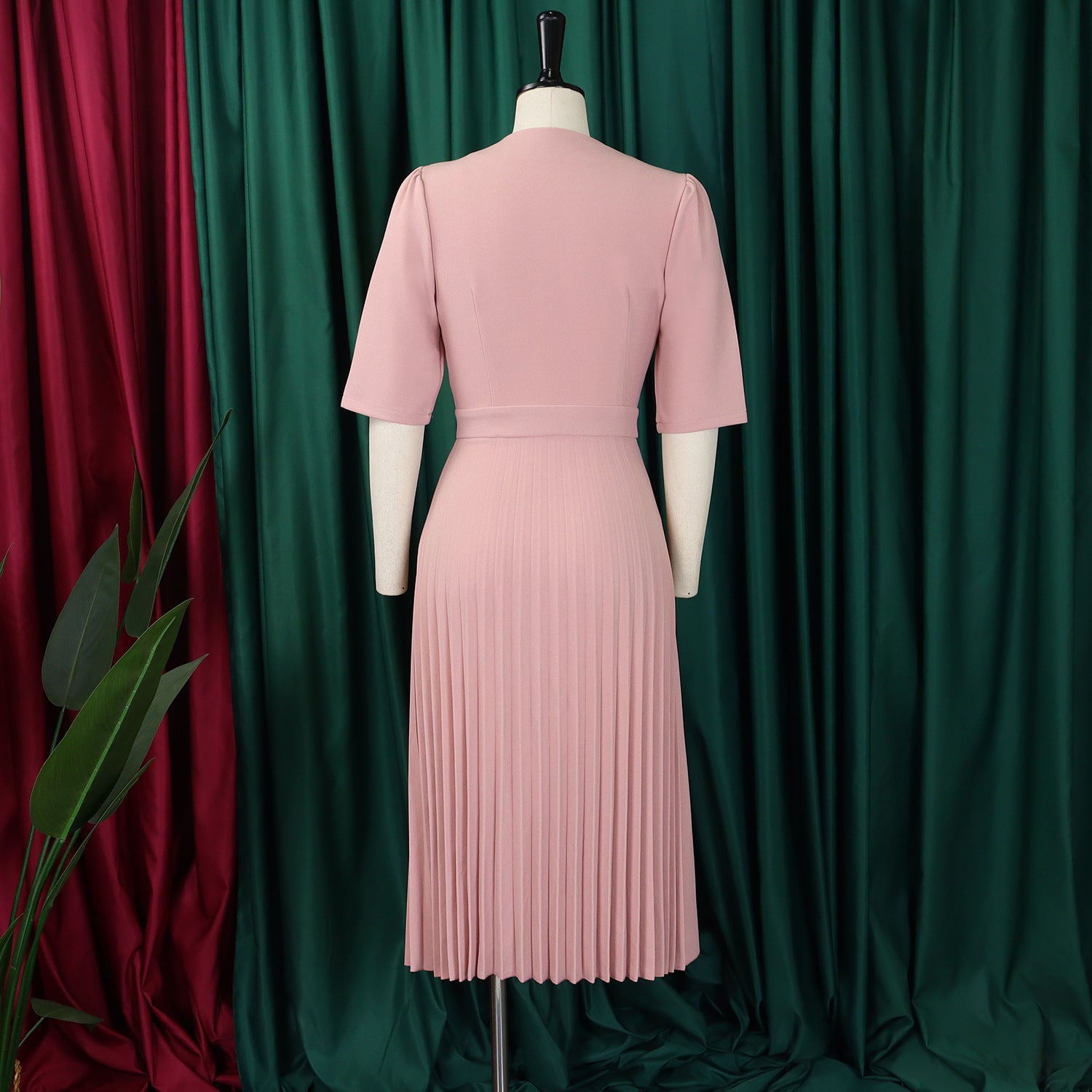 Women's Summer V-Neck Fashion Short Sleeve Solid Color Elegant Pleated African Dress 26