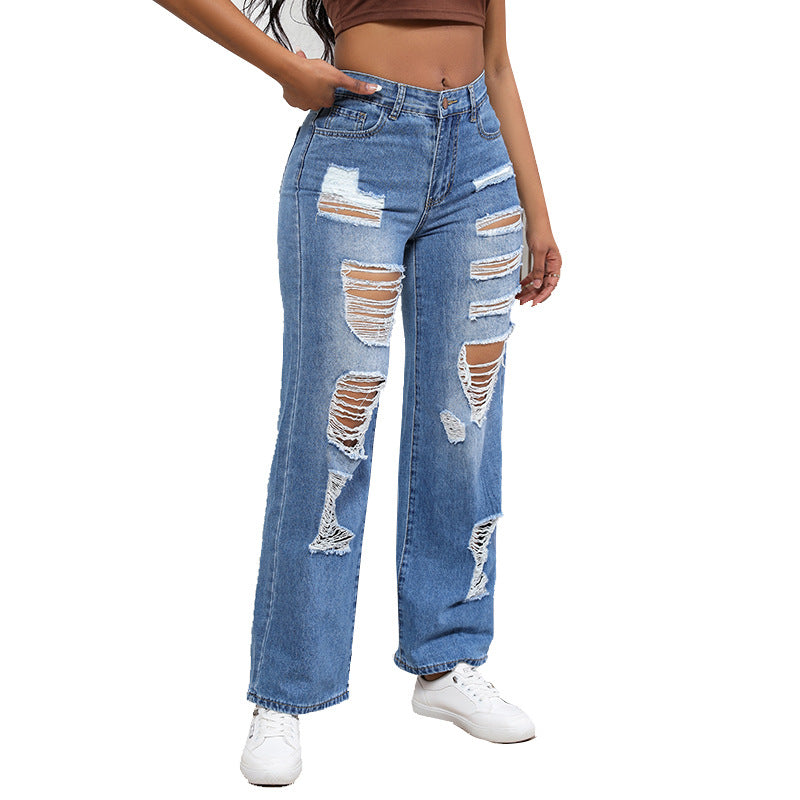 Autumn High Waisted Washed Retro Street Ripped Women's Girls Jeans