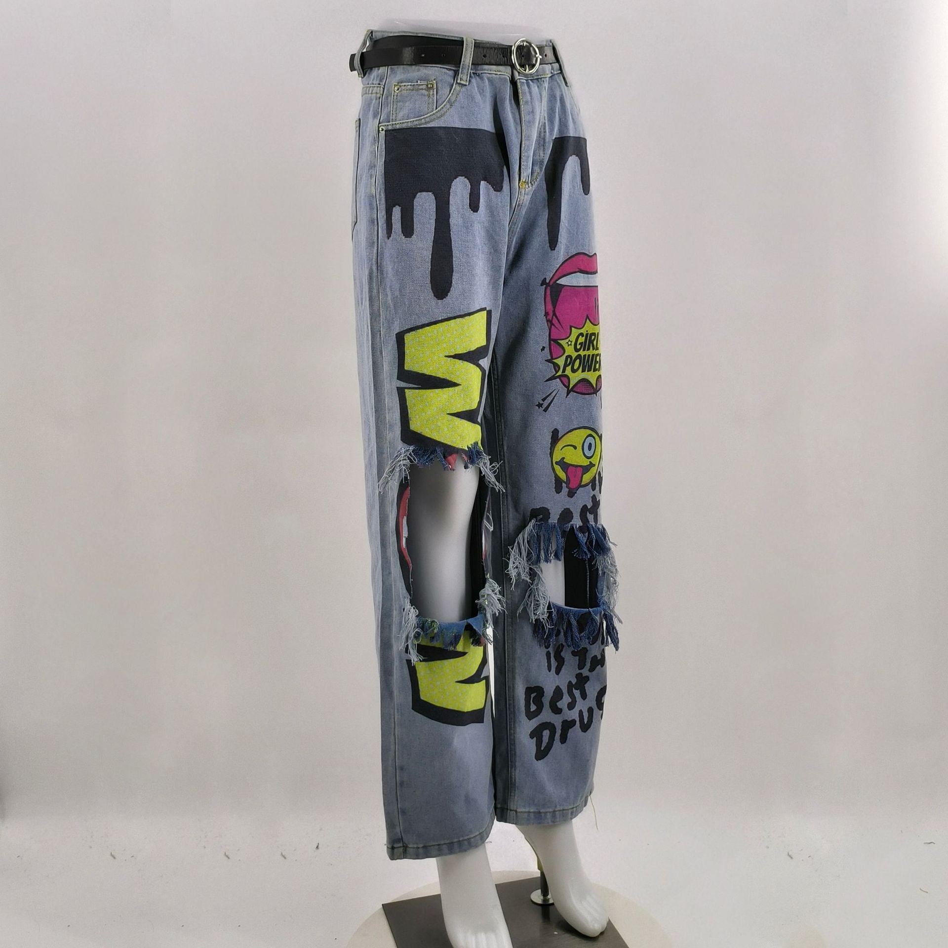 Women Ripped Print Crago Denim Pants 7