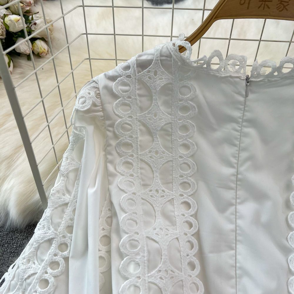 Spring Autumn Retro Chic Lantern Long Sleeve Lace Hollow Patchwork Round Neck Slim Waist Casual Dress 28