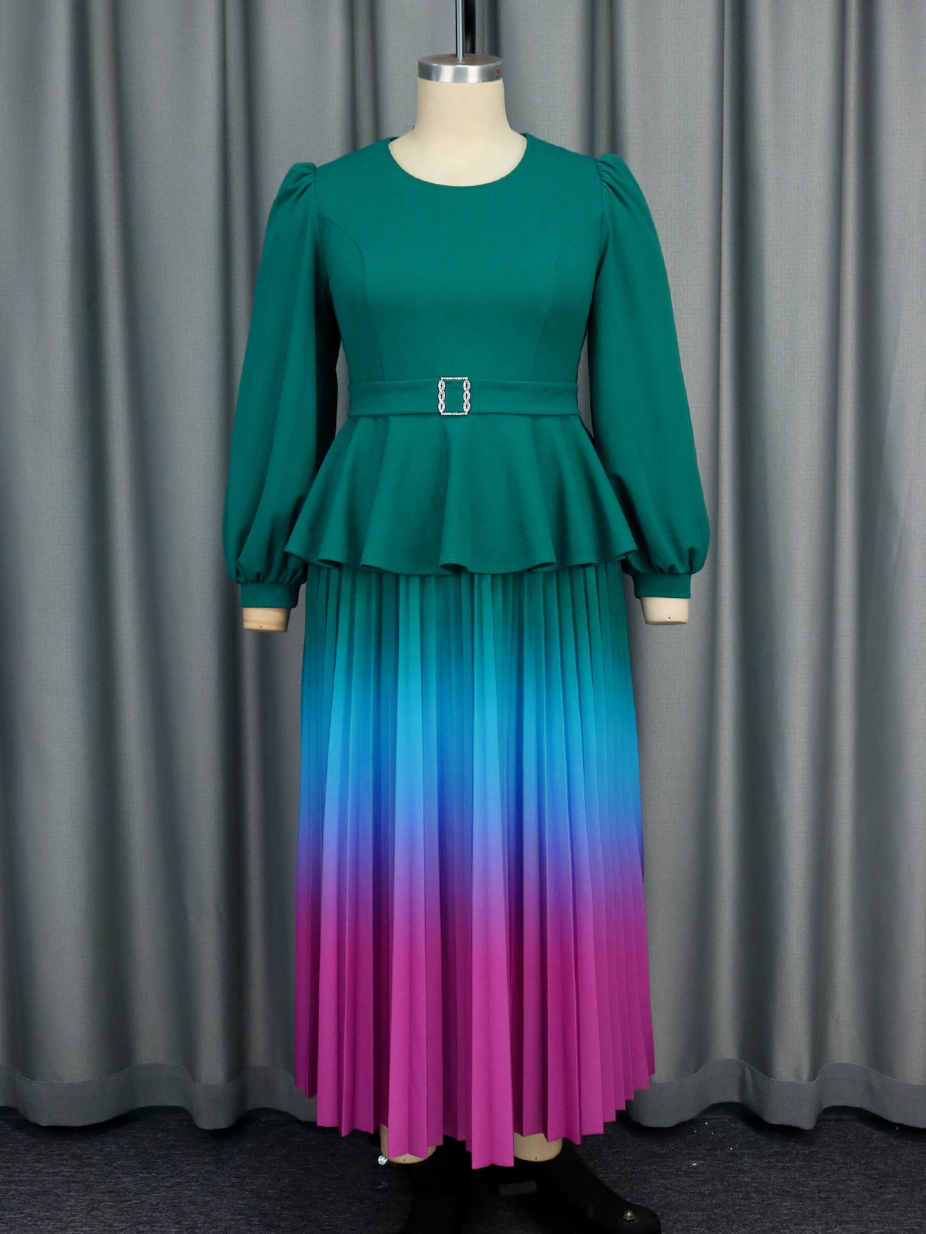 Women gradient lantern sleeve party pleated dress 11