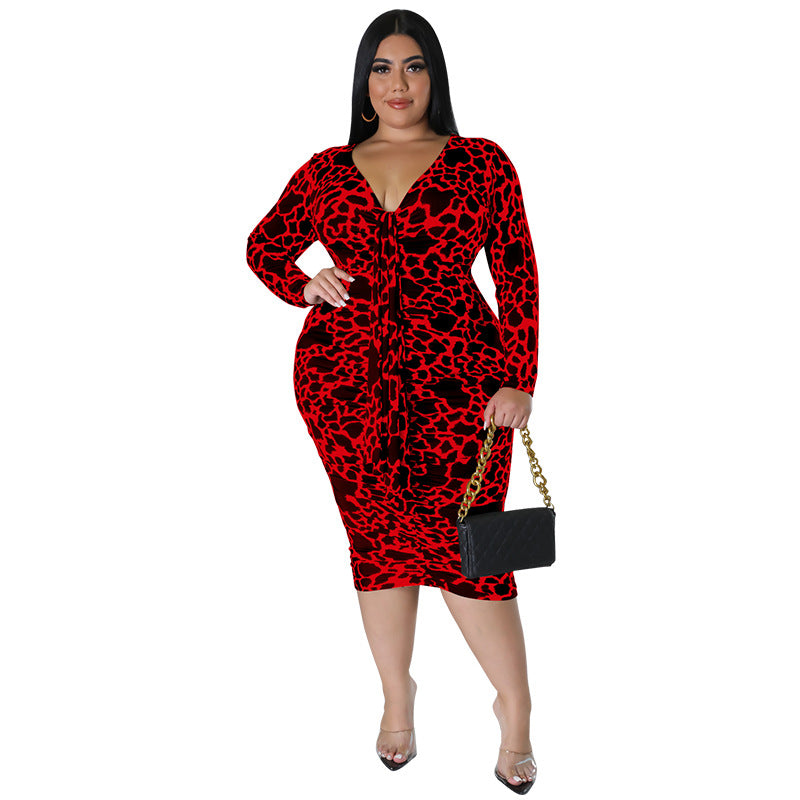 Plus Size Women Sexy Leopard Multicolor Long Sleeve Bodycon Dress 12