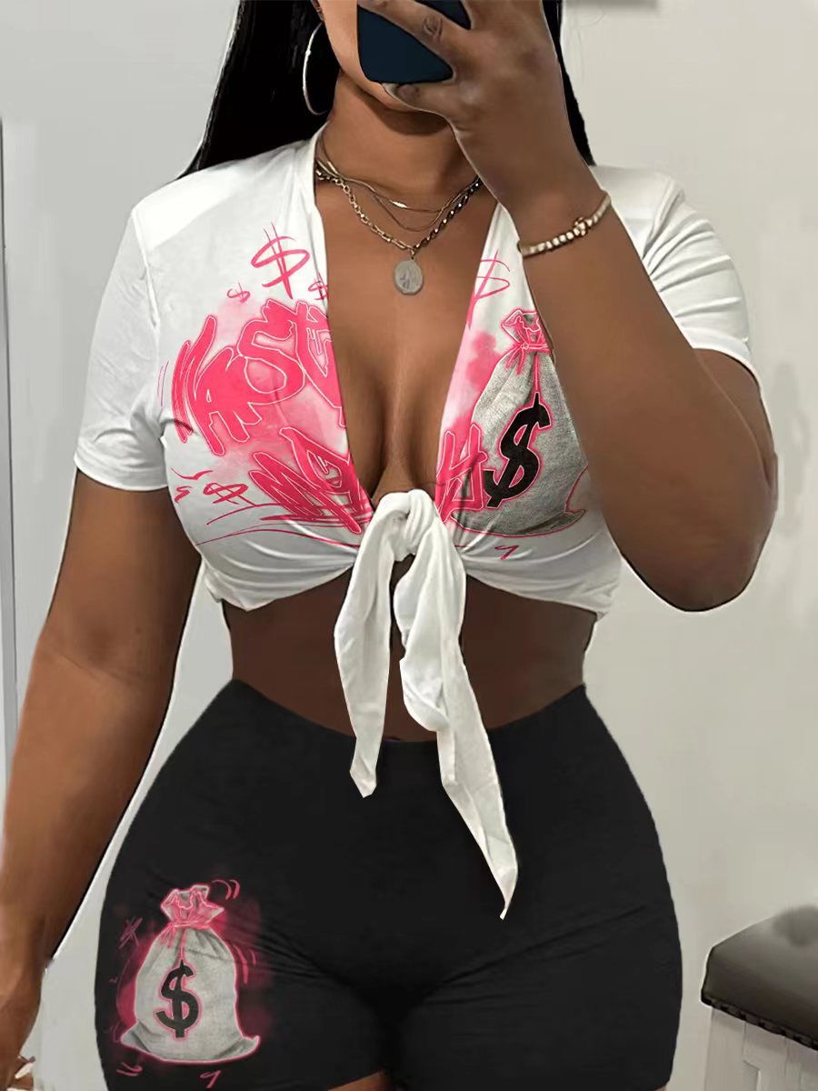 Women's Sexy Lace-Up Fashion Short Sleeve Top Shorts Two Piece Set