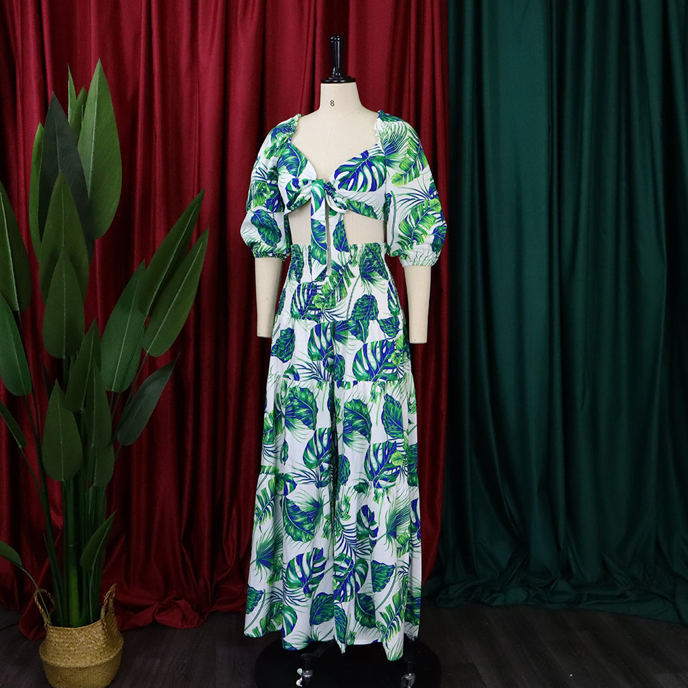 Women Printed V-neck Lace-Up Top + Wide Leg Pants Two-Piece Set 9