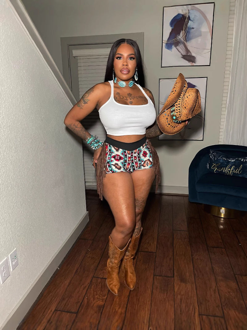 Women Sexy Tank Top and Tassel Shorts Two-piece Set 8