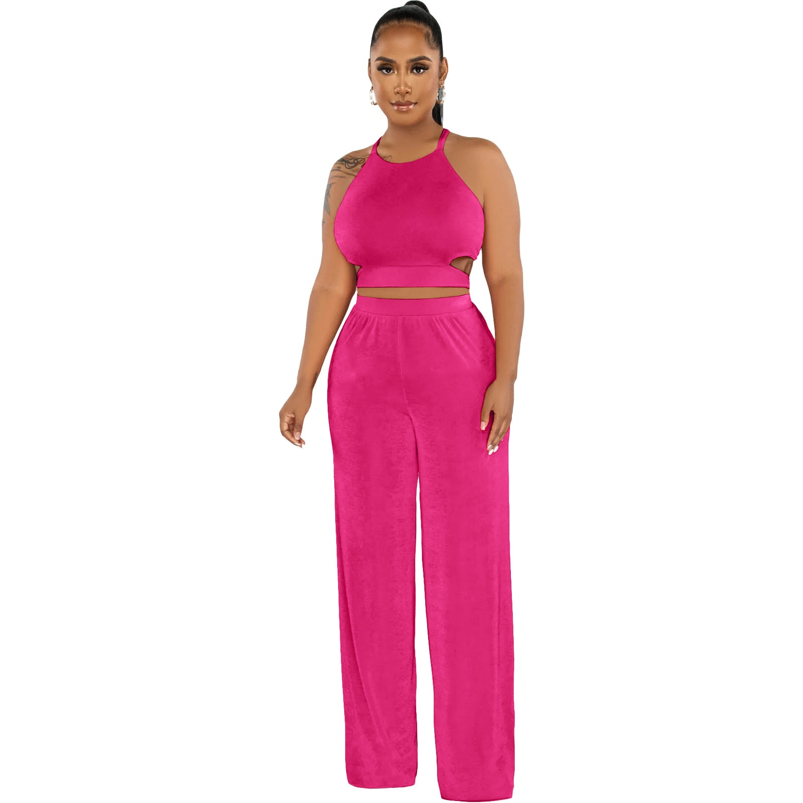 Women Halter Neck Crossover Crop Top andSolid Wide Leg Pants Two-Piece Set 13