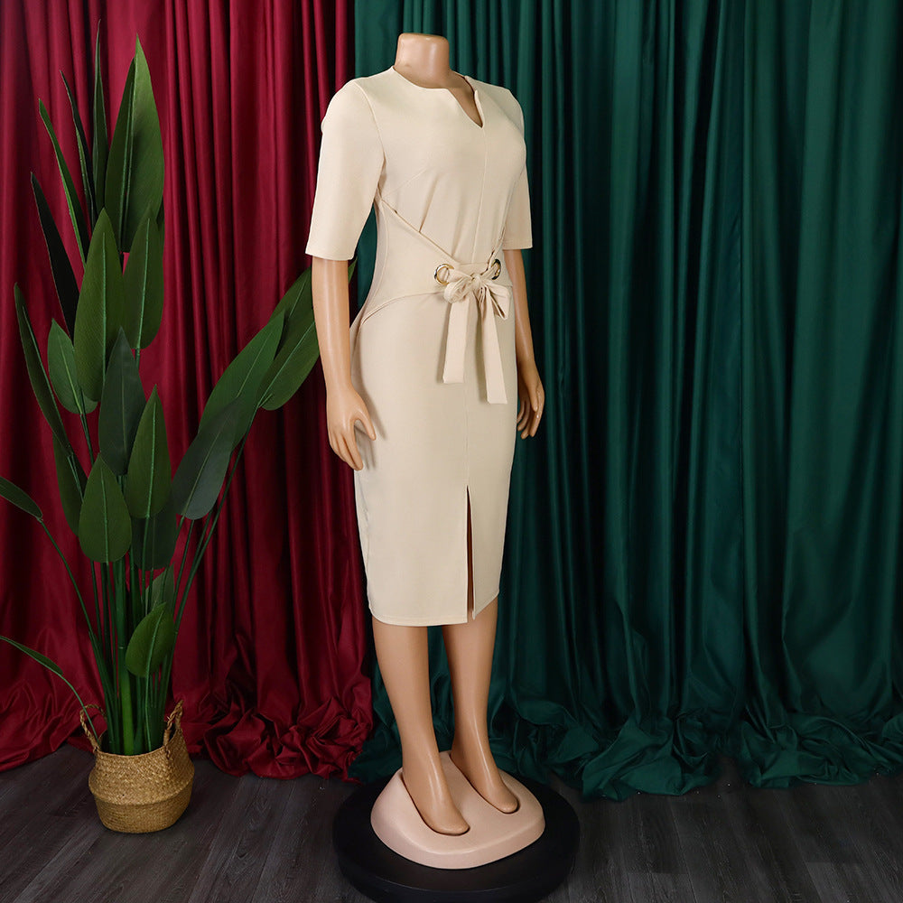 Women African V-Neck Solid Bodycon Dress 26