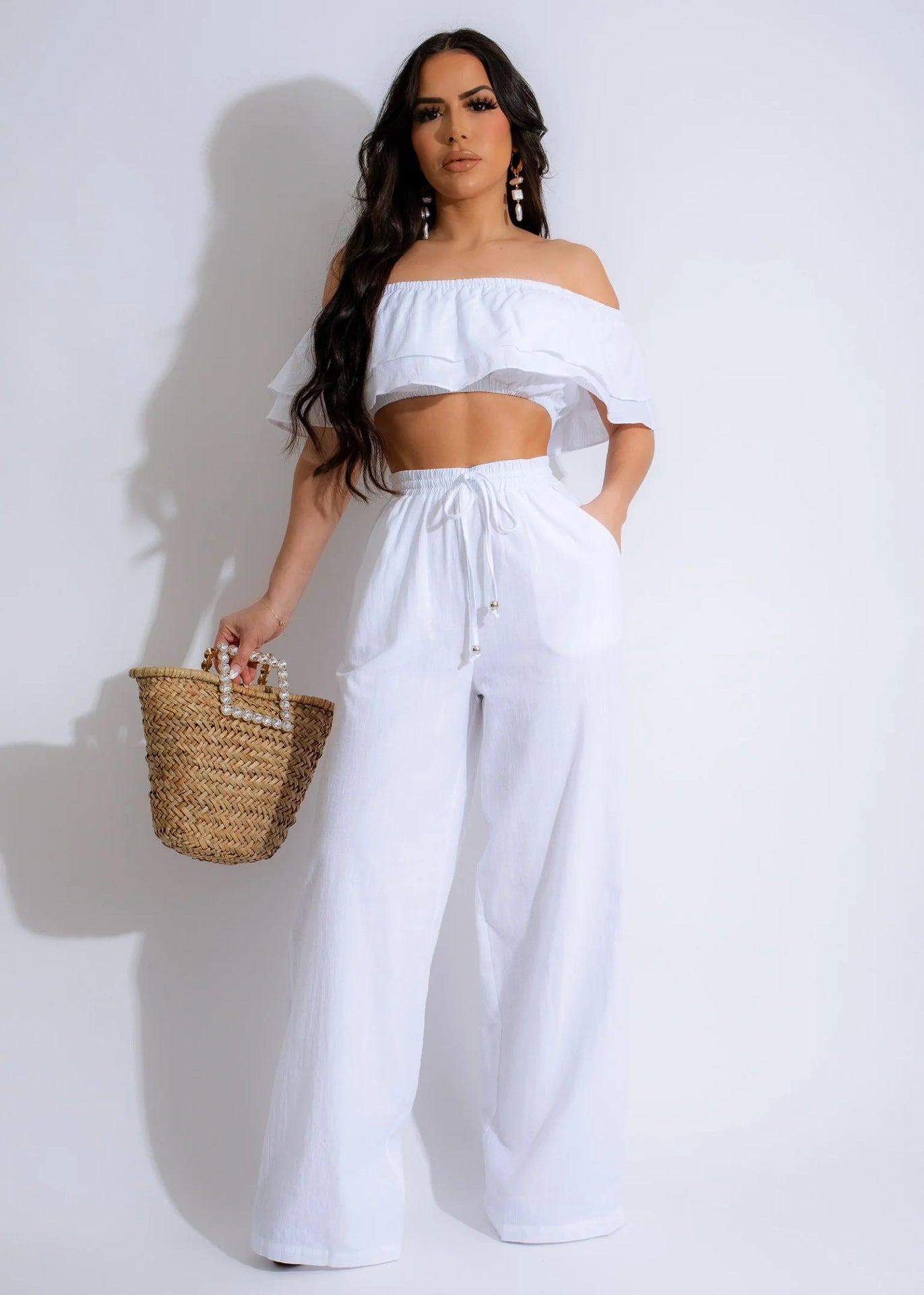 Women Casual Ruffled Top and Pants Two-piece Set 4