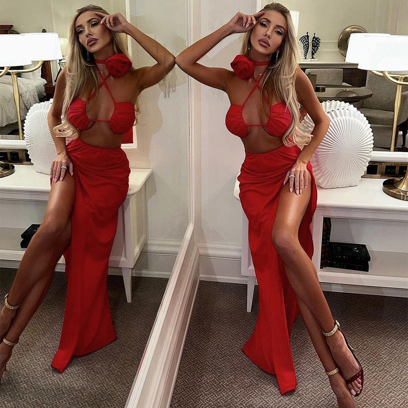 Women Sexy Tie-Wrap Chest Solid Top And Slit Skirt Two-piece Set