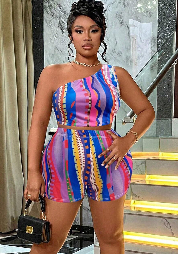 Printed One Shoulder Vest Shorts Two-piece Fashion Women's