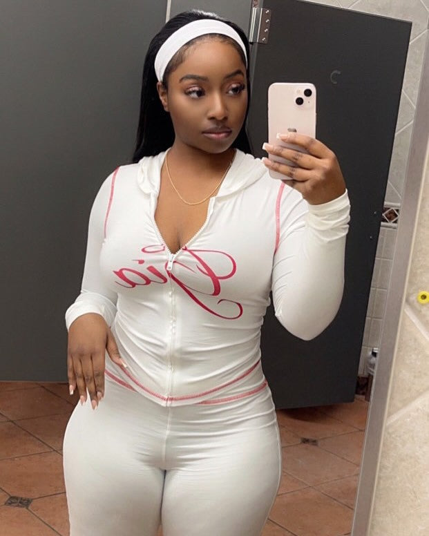 Fashion retro print slim elastic hooded sports style long sleeve top shorts women Two Piece Set 6