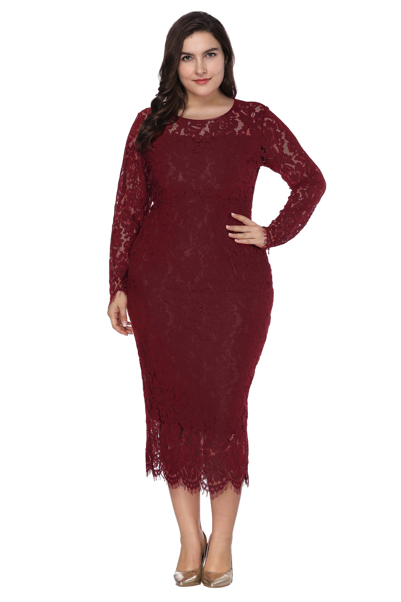 Plus Size Women Long Sleeve Lace Dress 6