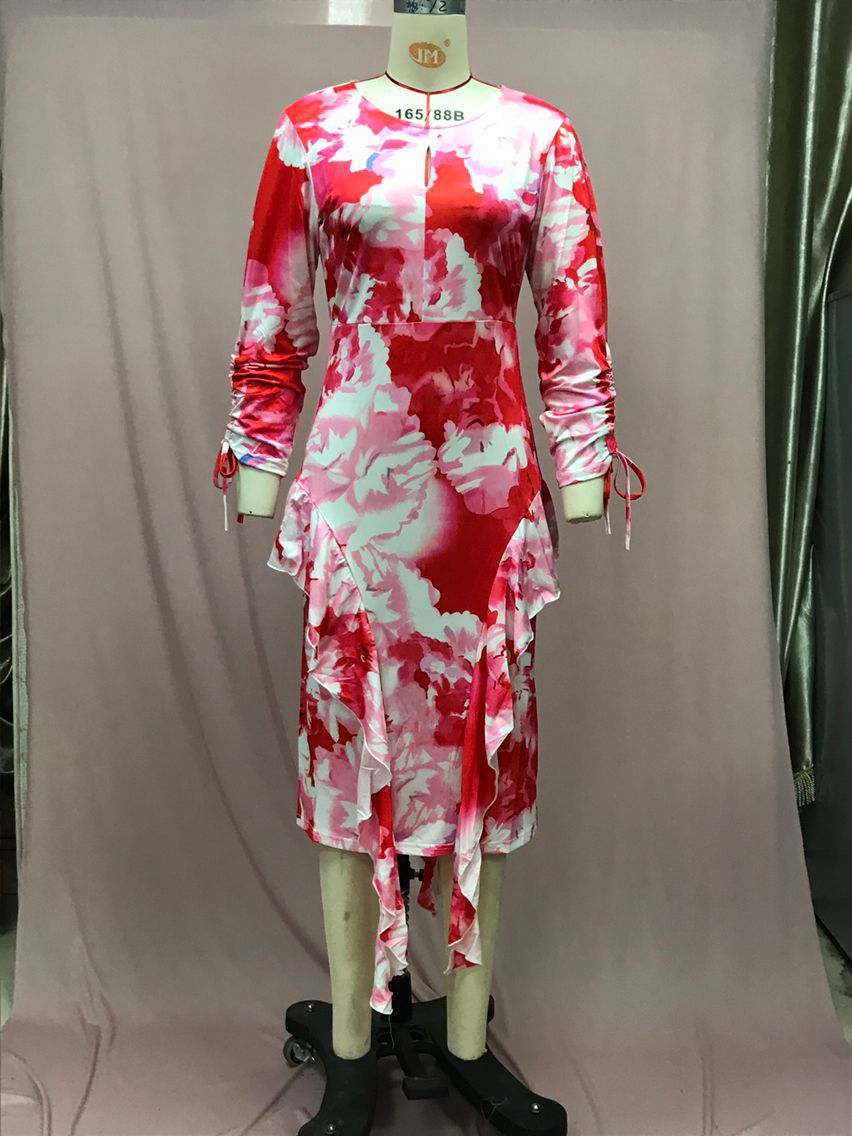 Women Career Printed Ruffle Bodycon Dress 4