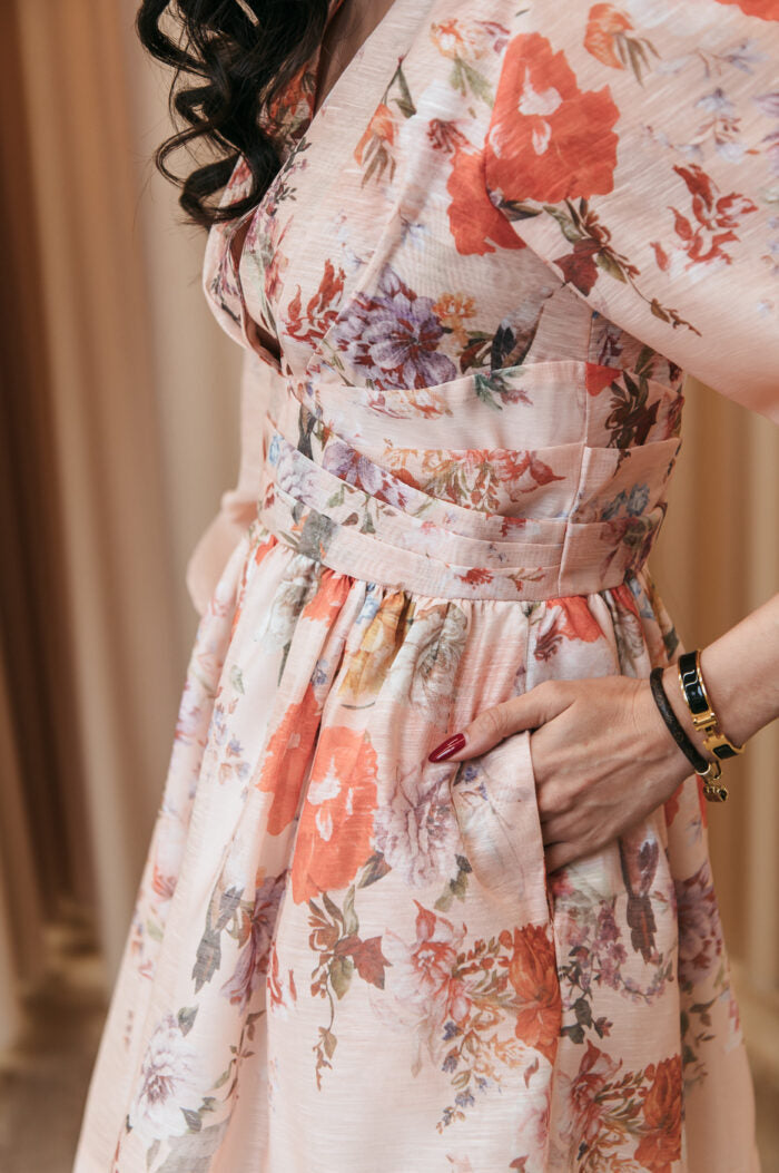 V neck Floral Print High Waist Pleated Holidays Short Dress for Women 7