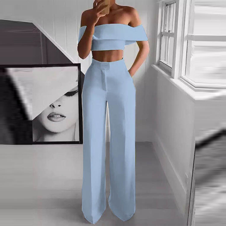 Women Elegant Off Shoulder crop top+ Loose Pants Two Piece 9