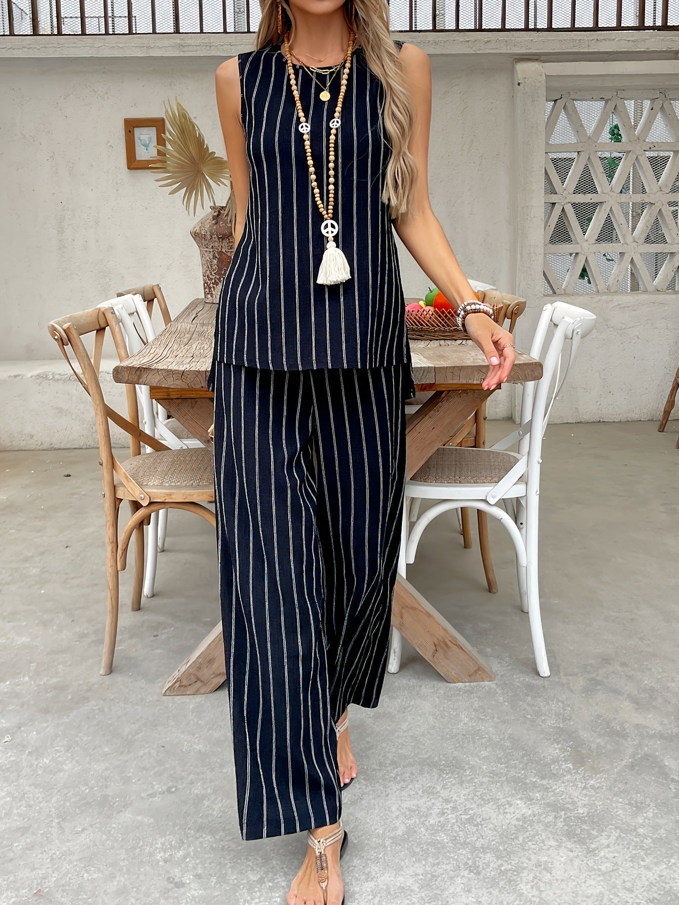 Spring Summer style striped vest wide-leg pants fashion two-piece Set 6