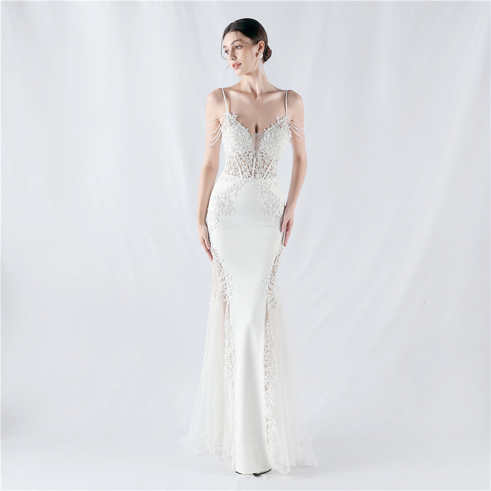 Sexy Strap Rhinestone Chain Fishbone Lace Evening Dress
