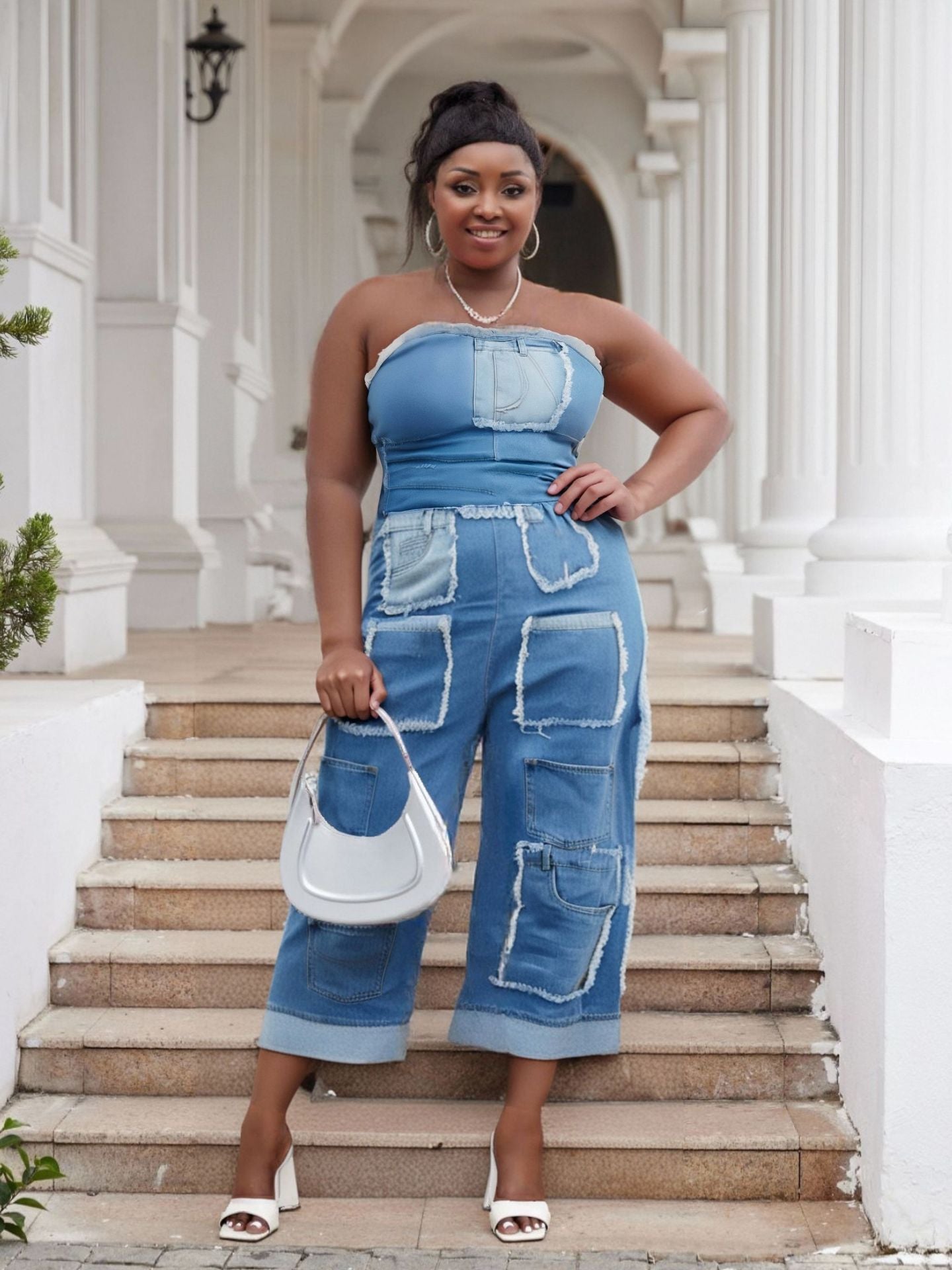 Plus Size Strapless Multi Pocket Patch Cargo Denim Jumpsuit 6